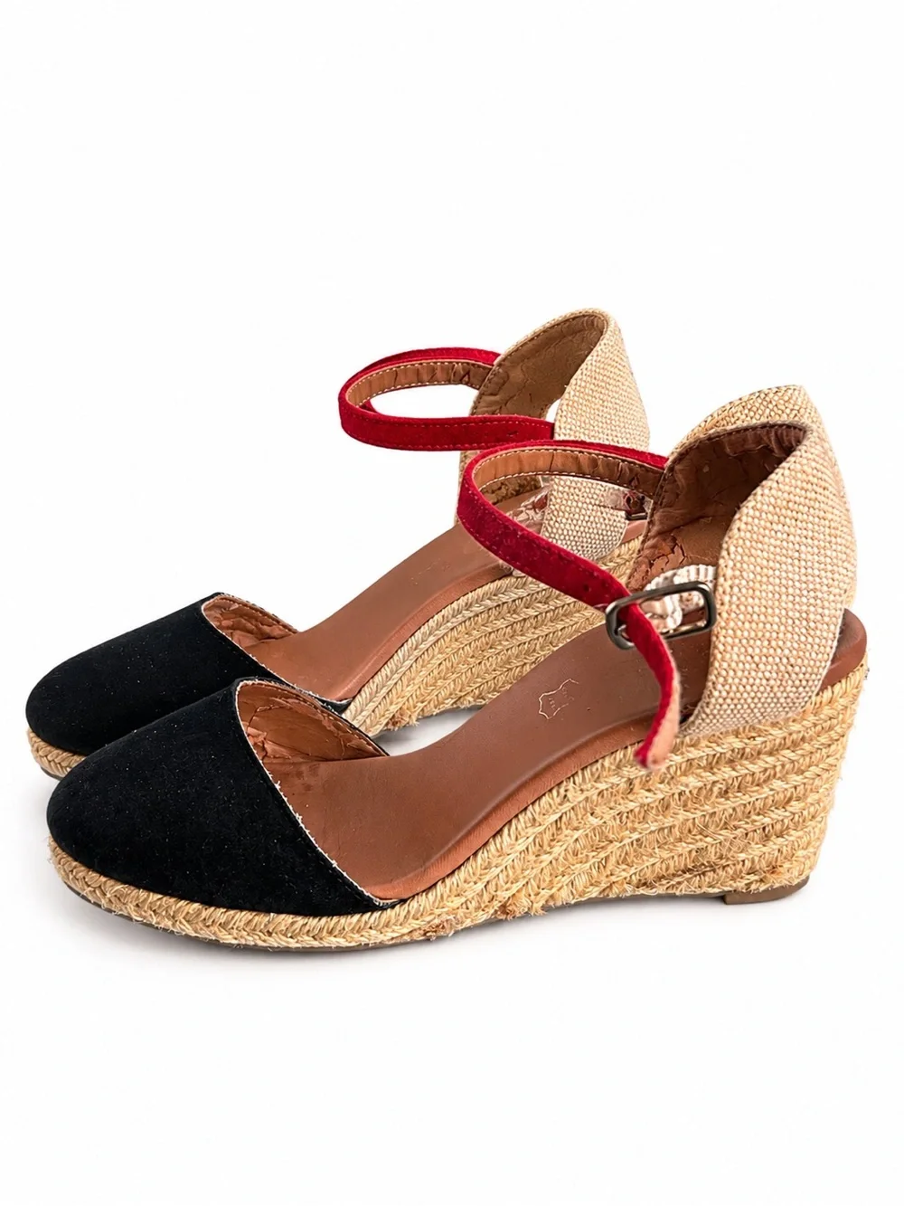 Women’s Black Suede Wedge Sandals with Red Ankle Strap